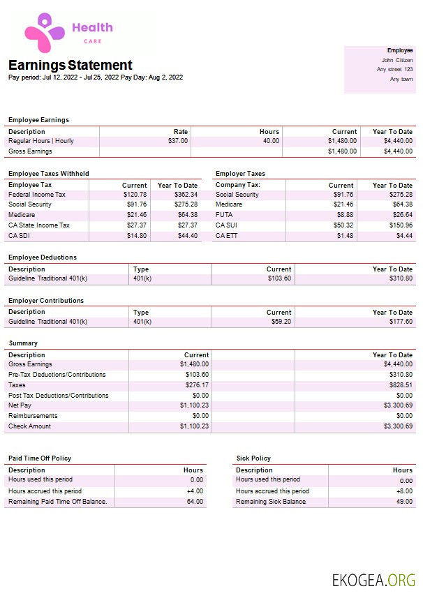 modèle de bulletin de paie d'une entreprise de services de santé aux formats Word et PDF